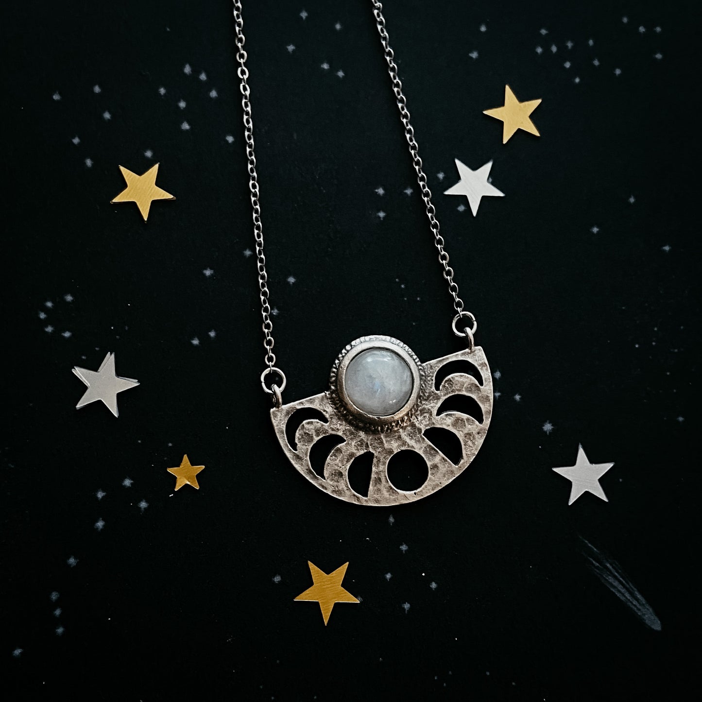Moon Goddess Necklace - Moon Phases Rainbow Moonstone Pendant Necklace Yugen Handmade   