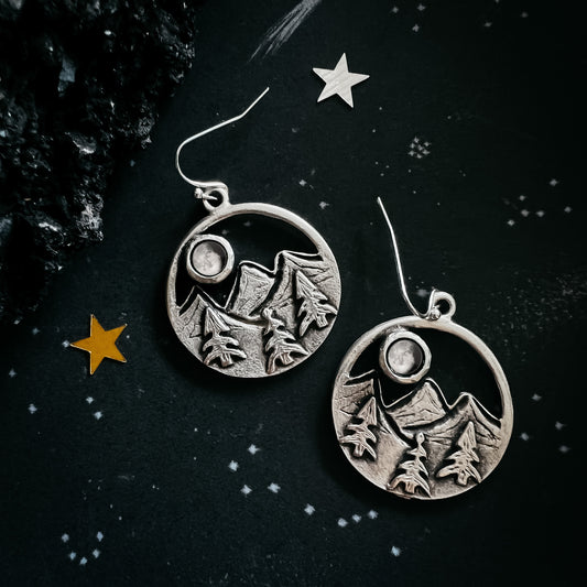 My Moon Rises Over Landscape - Circle Dangle Earrings with Mountains and Trees Earrings Yugen Handmade   