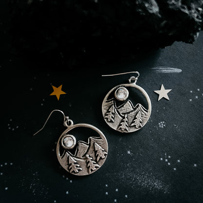 My Moon Rises Over Landscape - Circle Dangle Earrings with Mountains and Trees Earrings Yugen Handmade   