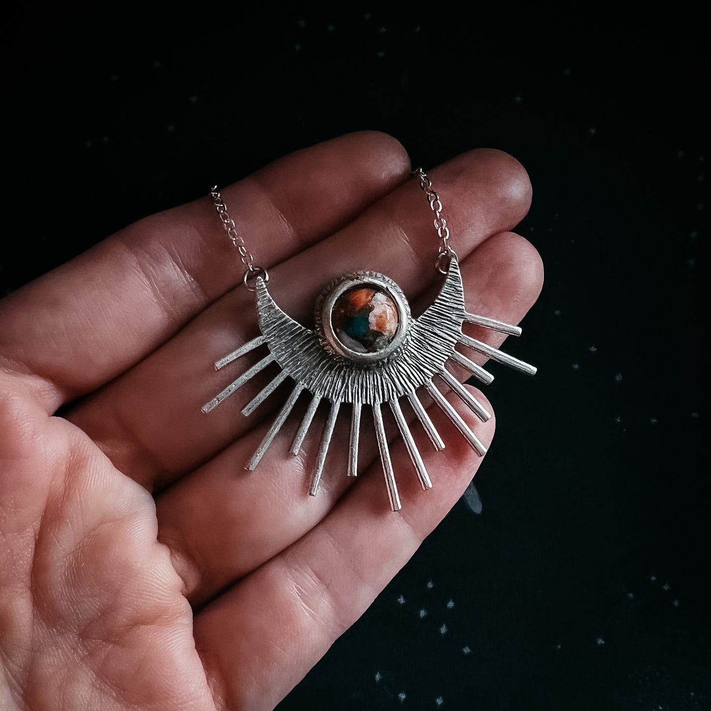 Sun Goddess Necklace - Sun Pendant with Copper Oyster Turquoise Necklace Yugen Handmade   