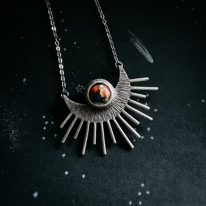 Sun Goddess Necklace - Sun Pendant with Copper Oyster Turquoise Necklace Yugen Handmade Silver Tone  