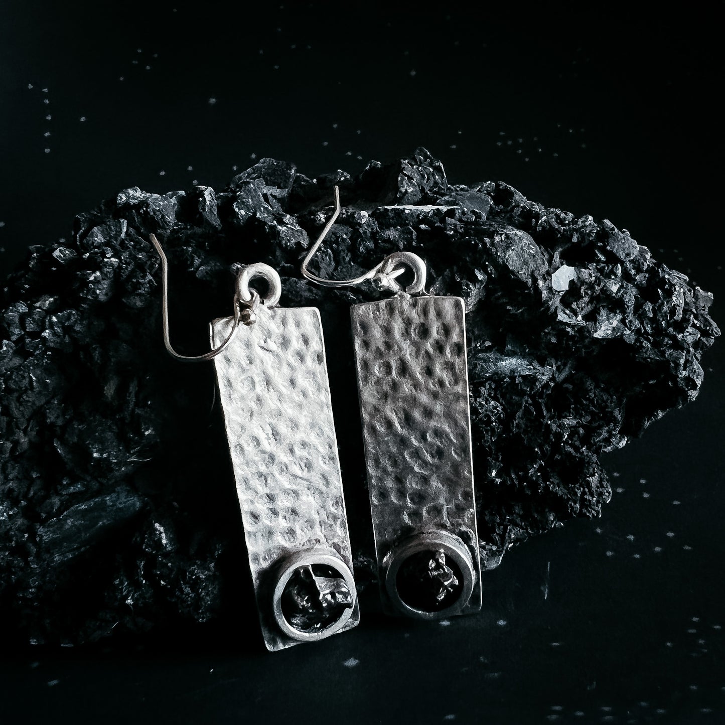 Hammered Silver Rectangle Earrings with Raw Meteorite Earrings Yugen Handmade   