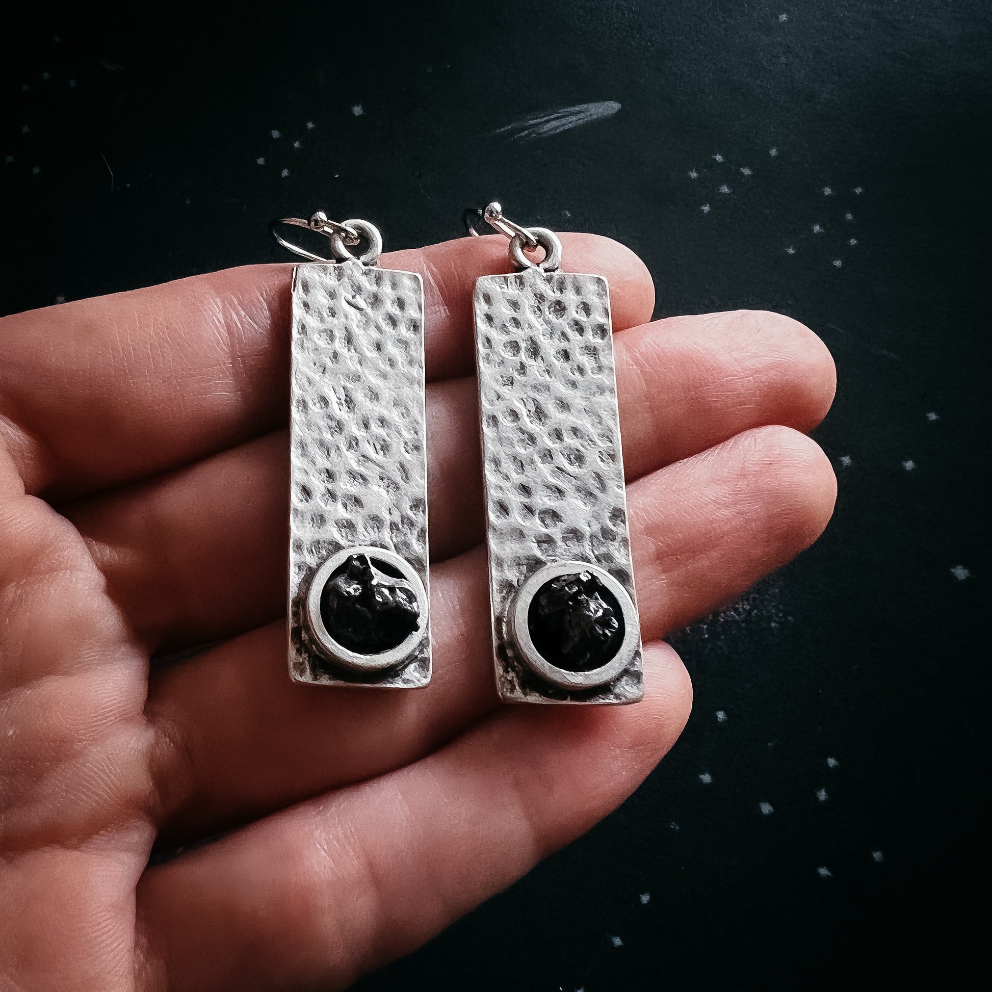 Hammered Silver Rectangle Earrings with Raw Meteorite Earrings Yugen Handmade   