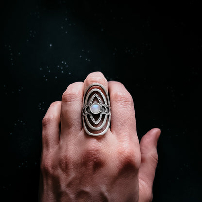 Cosmic Ripple Ring with Rainbow Moonstone and Phases of the Moon Ring Yugen Handmade   