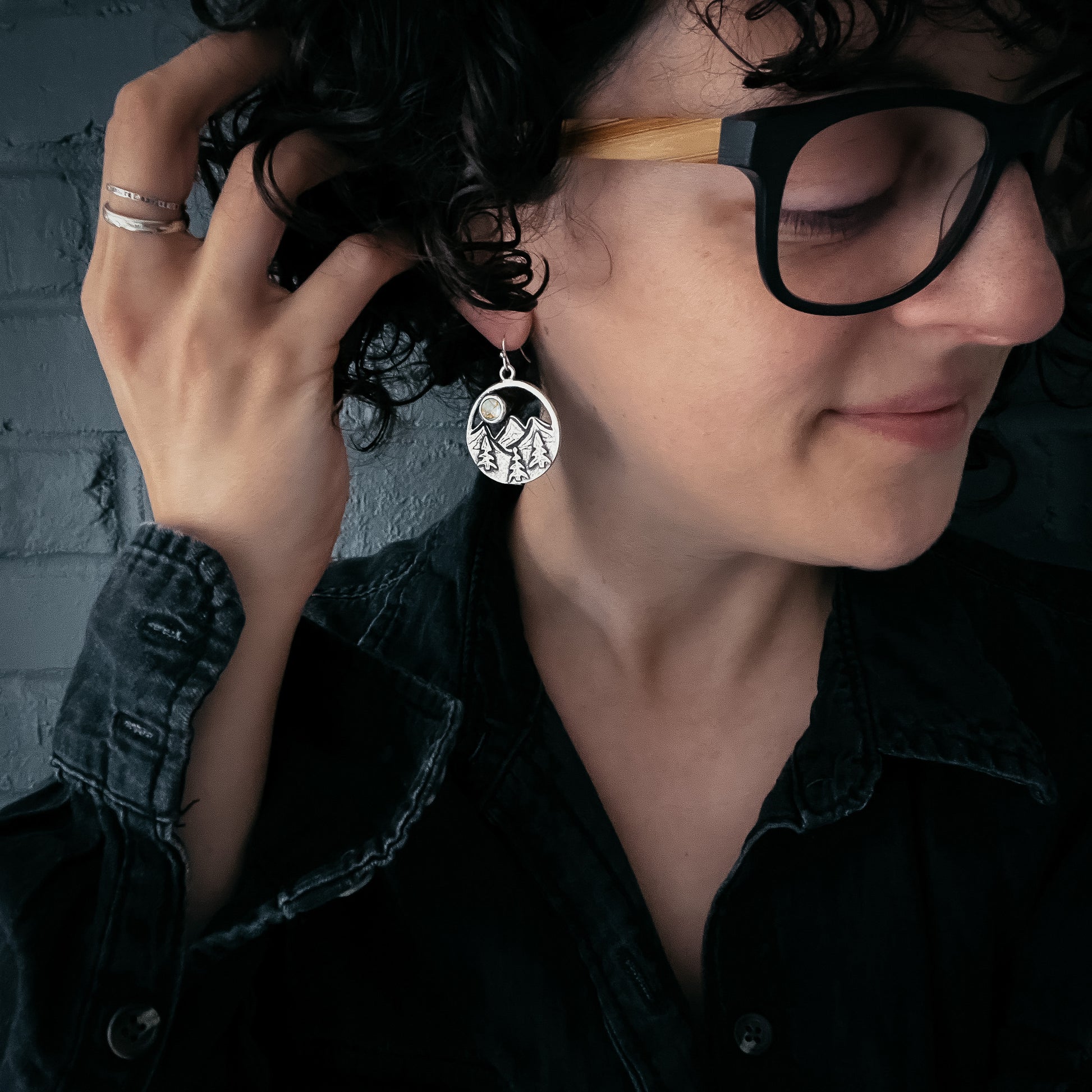 Circle Dangle Landscape Earrings with Mountains and Trees and Copper Calcite Moon Earrings Yugen Handmade   