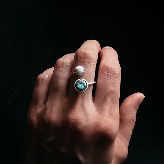 Earth and Moon Bypass Ring with Natural Stones Ring Yugen Handmade   