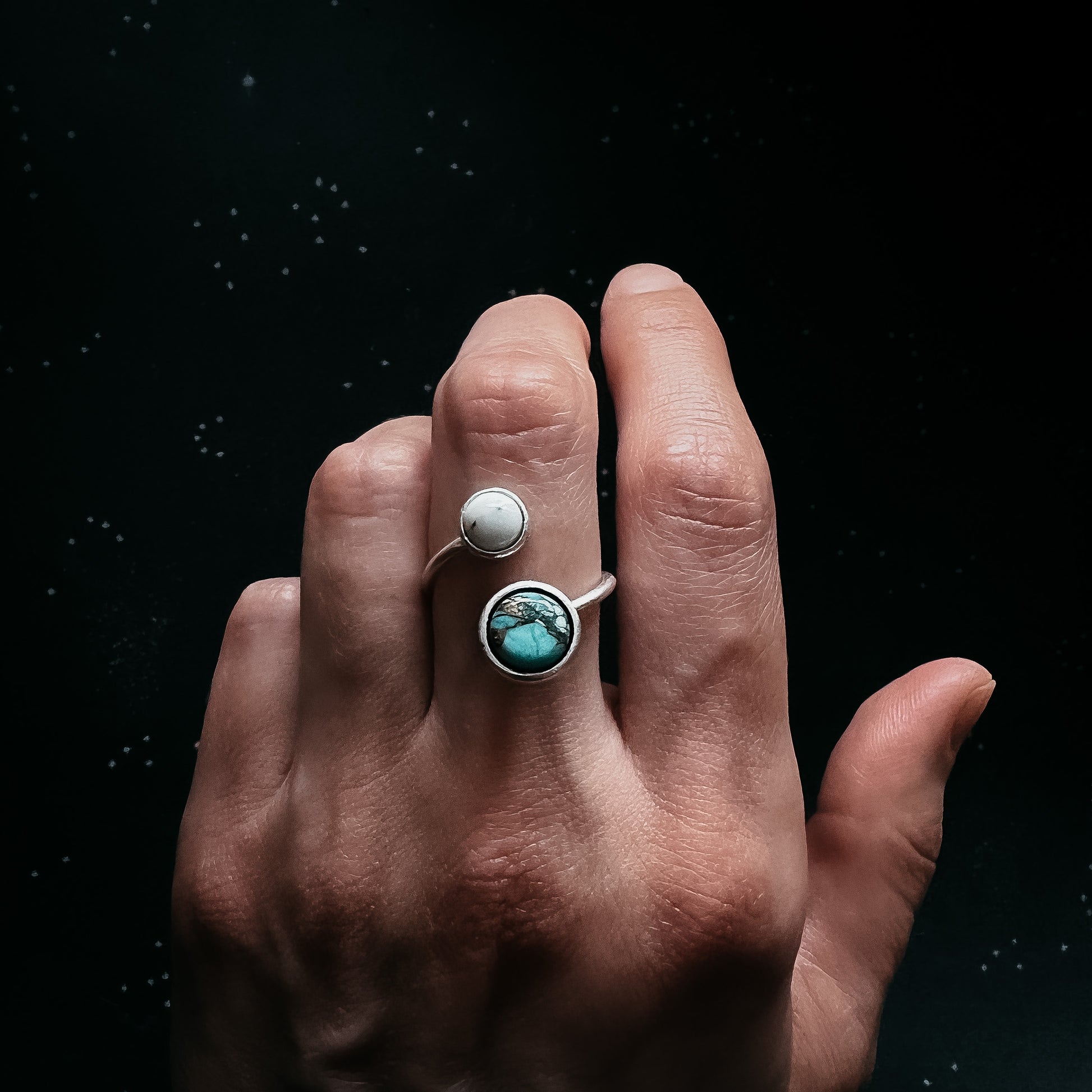 Earth and Moon Bypass Ring with Natural Stones Ring Yugen Handmade   