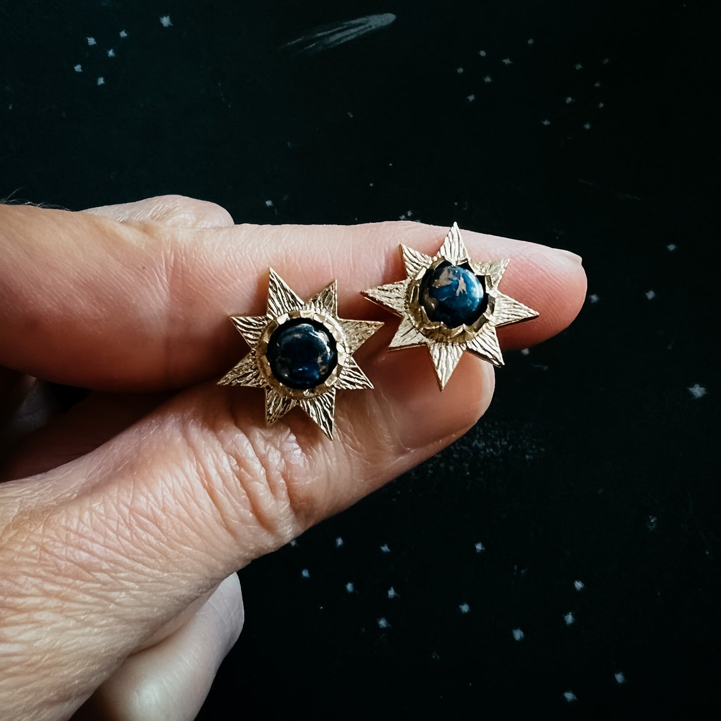 Dark Before the Dawn Sunburst Stud Earrings with Copper Lapis Lazuli Earrings Yugen Handmade   