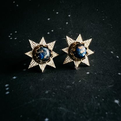 Dark Before the Dawn Sunburst Stud Earrings with Copper Lapis Lazuli Earrings Yugen Handmade   