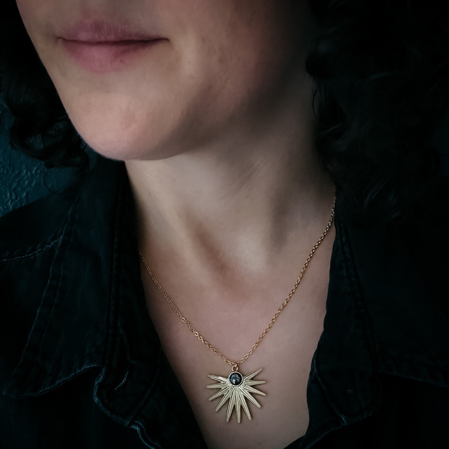 Dark Before the Dawn Sunburst Pendant Necklace with Copper Lapis Lazuli Necklace Yugen Handmade   