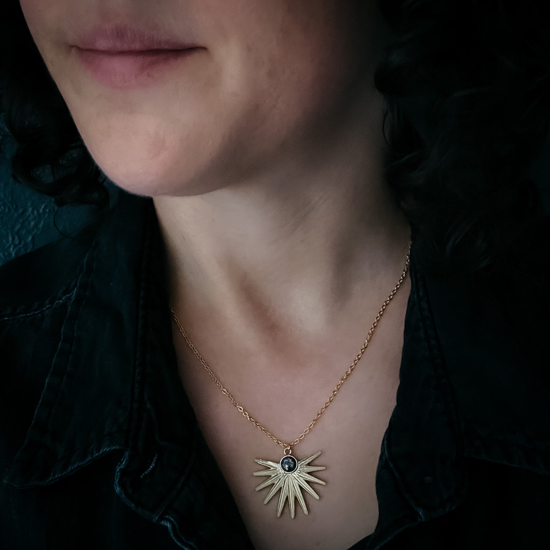 Dark Before the Dawn Sunburst Pendant Necklace with Copper Lapis Lazuli Necklace Yugen Handmade   