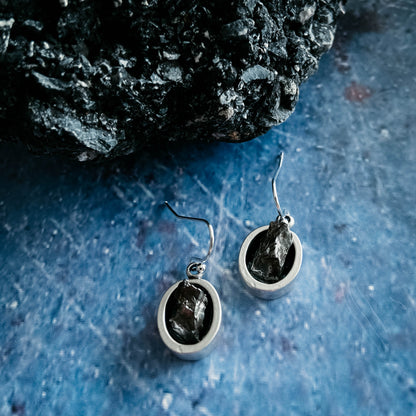 Oval Dangle Earrings with Raw Meteorite Earrings Yugen Handmade   