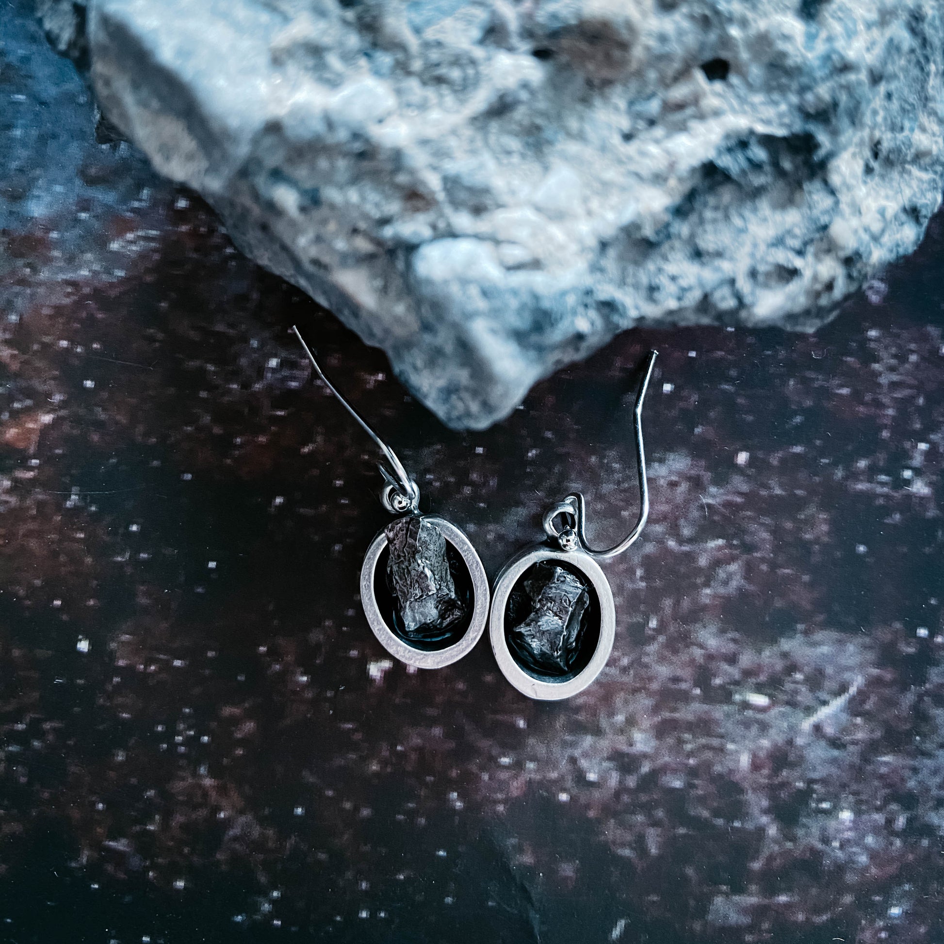 Oval Dangle Earrings with Raw Meteorite Earrings Yugen Handmade   