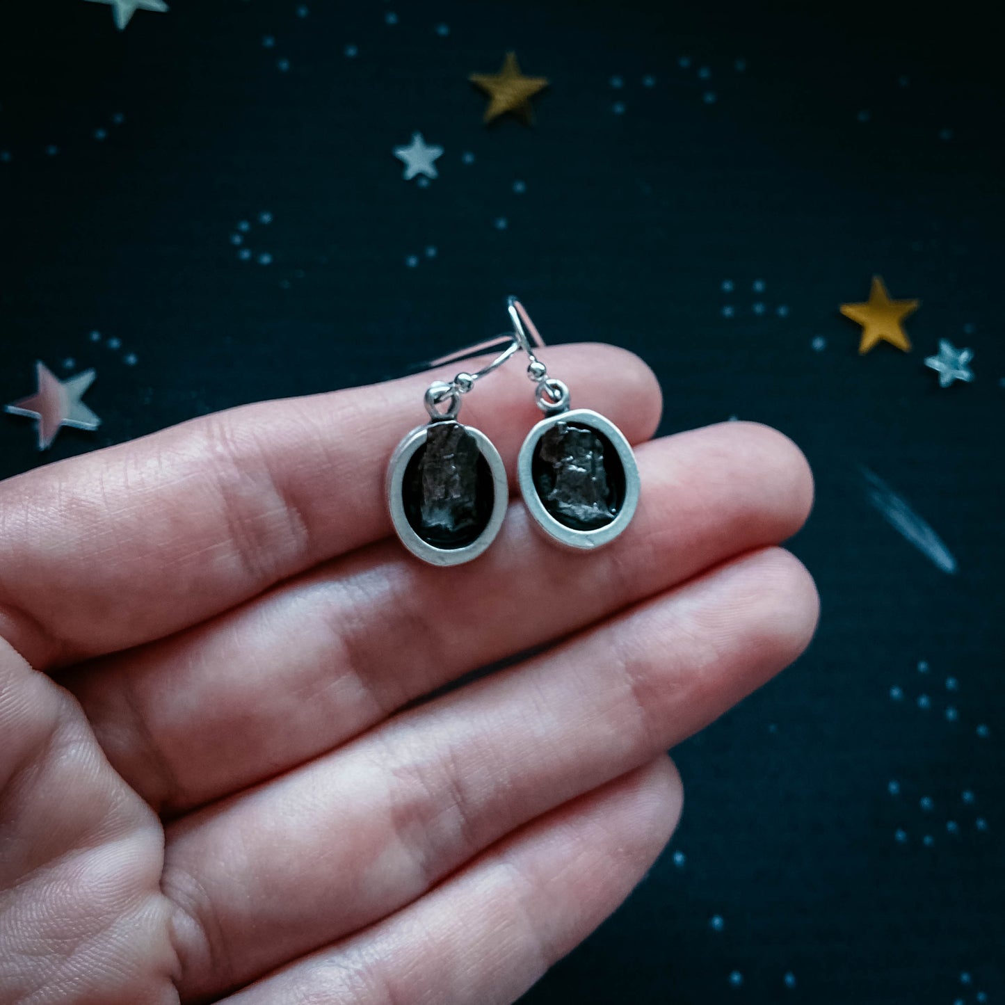 Oval Dangle Earrings with Raw Meteorite Earrings Yugen Handmade   