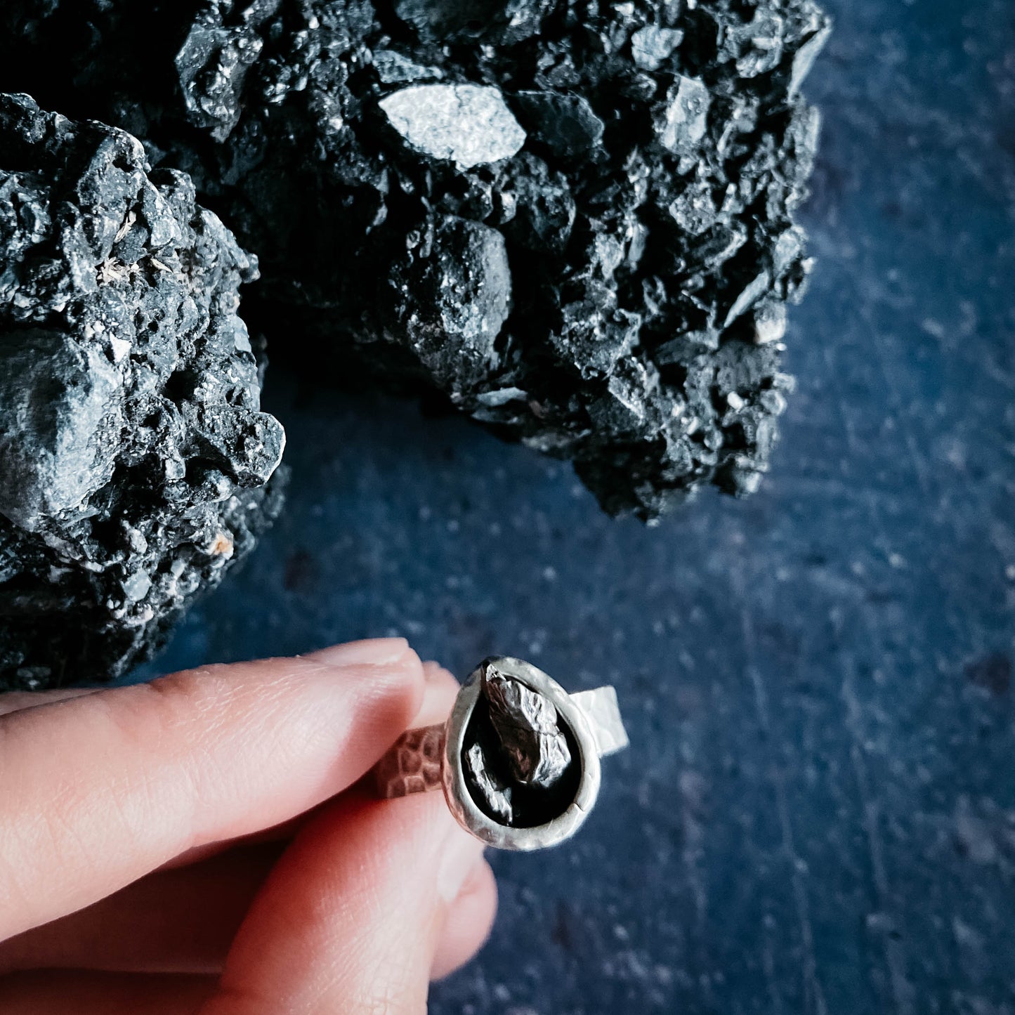 Chunky Teardrop Raw Meteorite Ring in Silver Ring Yugen Handmade   