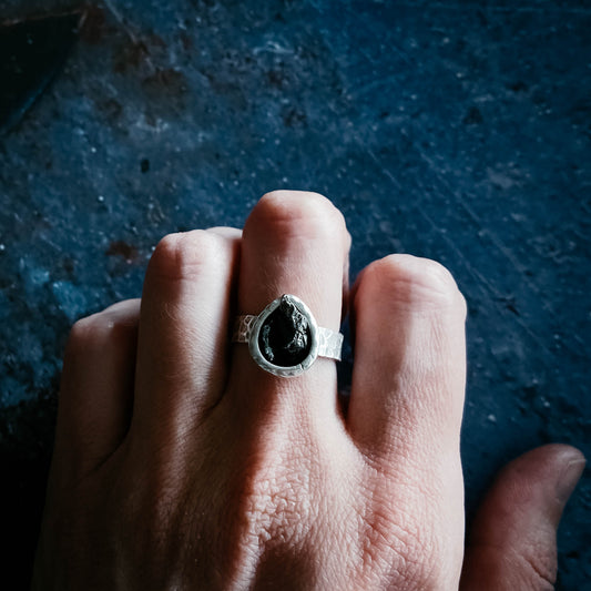 Chunky Teardrop Raw Meteorite Ring in Silver Ring Yugen Handmade   