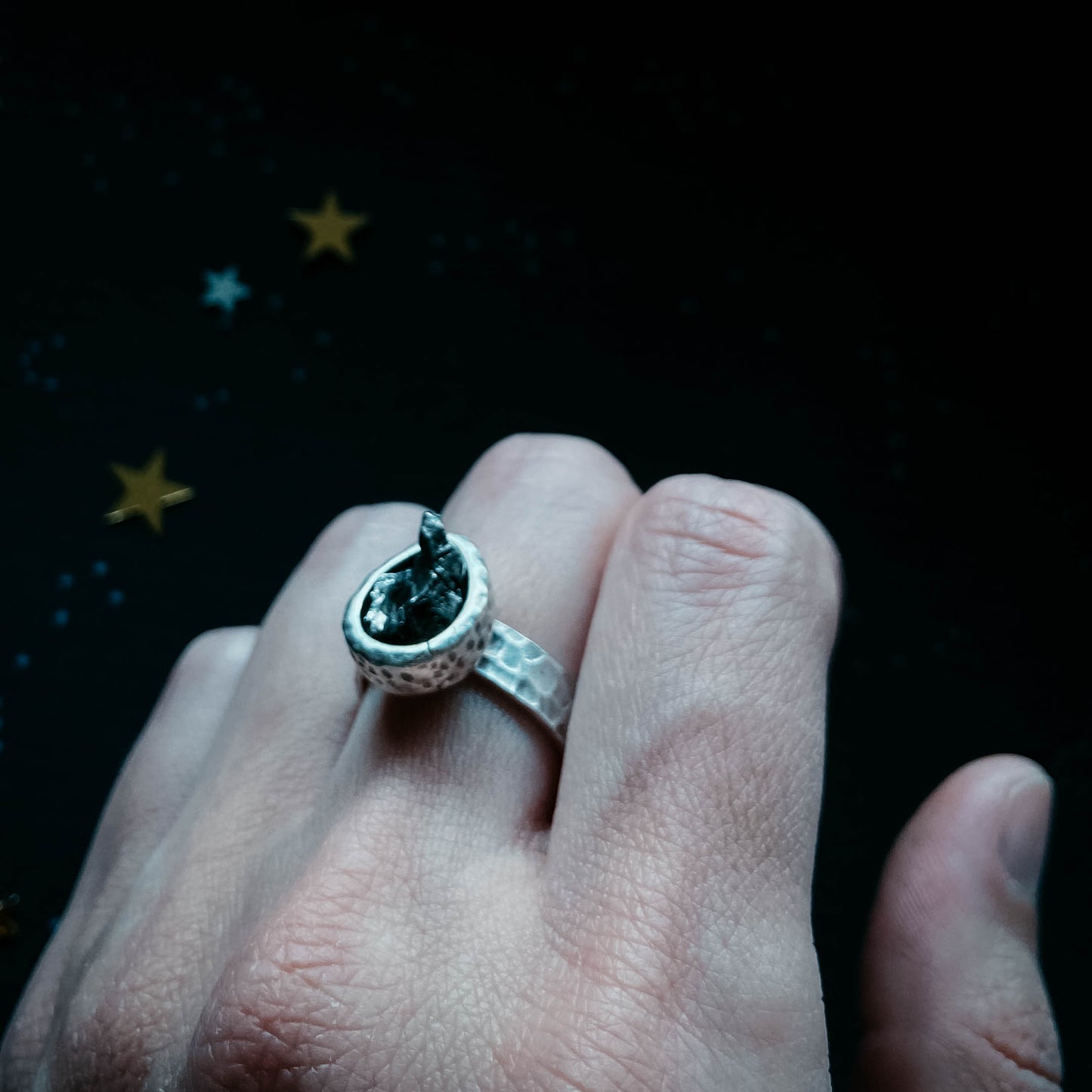 Chunky Teardrop Raw Meteorite Ring in Silver Ring Yugen Handmade   