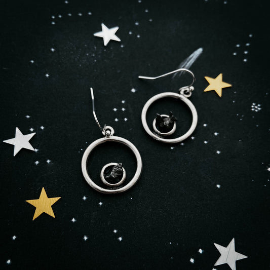 Circle Silver Earrings with Raw Meteorite Earrings Yugen Handmade   