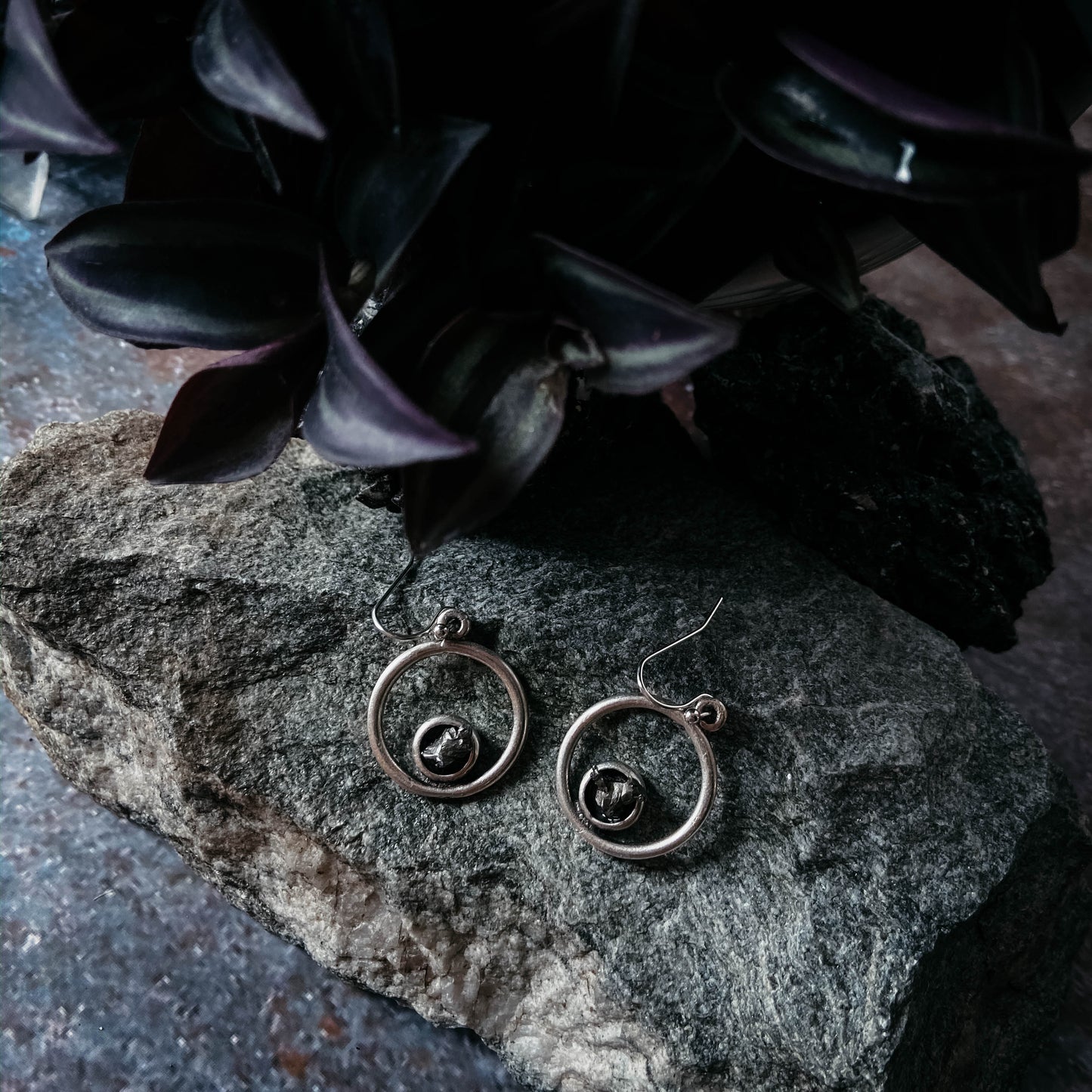 Circle Silver Earrings with Raw Meteorite Earrings Yugen Handmade   