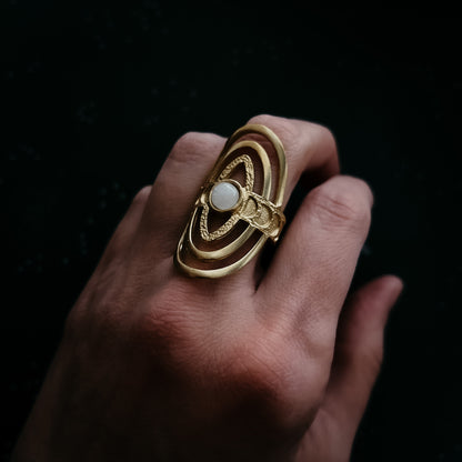 Cosmic Ripple Ring with Rainbow Moonstone and Phases of the Moon Ring Yugen Handmade   