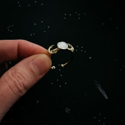 Lunar Witch Crescent Moon Ring with Rainbow Moonstone Ring Yugen Handmade Gold  