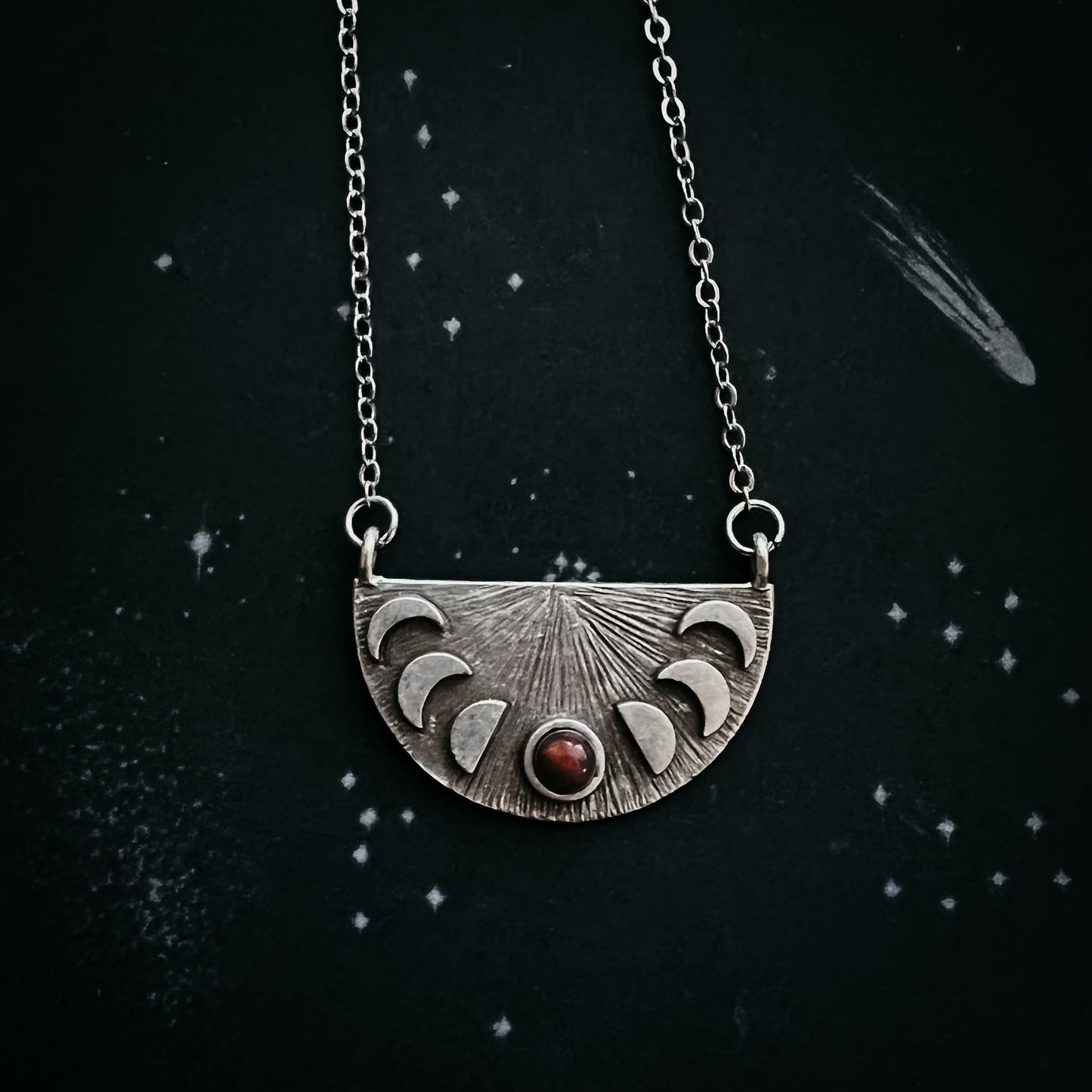 Lunar Eclipse Half Circle Pendant Necklace with Moon Phases and Black Opal Necklace Yugen Handmade   