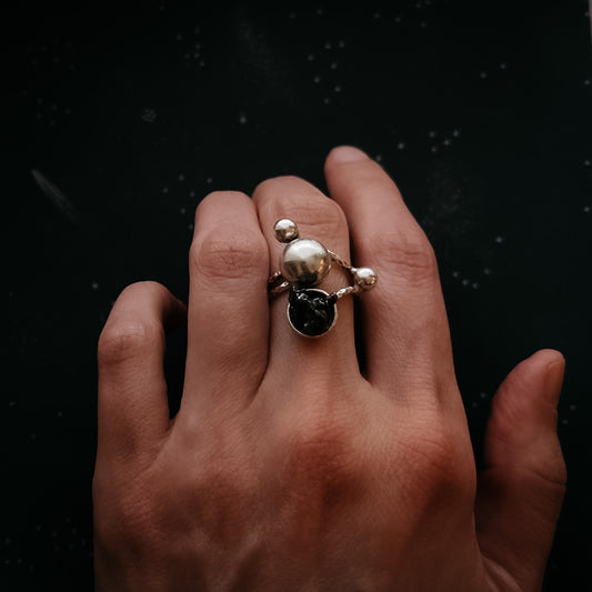 Orbiting Cosmic Bodies Ring with Authentic Meteorite Ring Yugen Handmade   