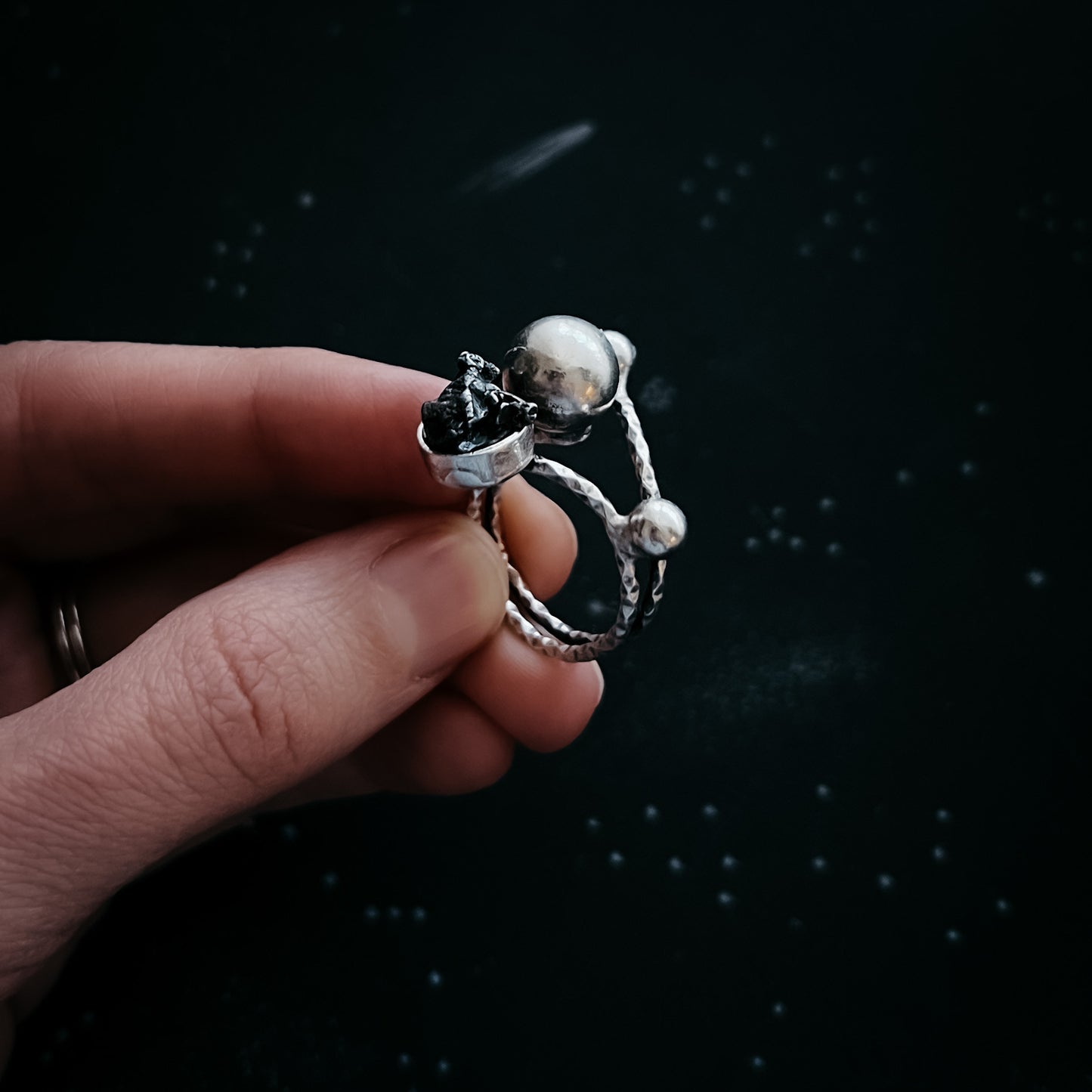Orbiting Cosmic Bodies Ring with Authentic Meteorite Ring Yugen Handmade   