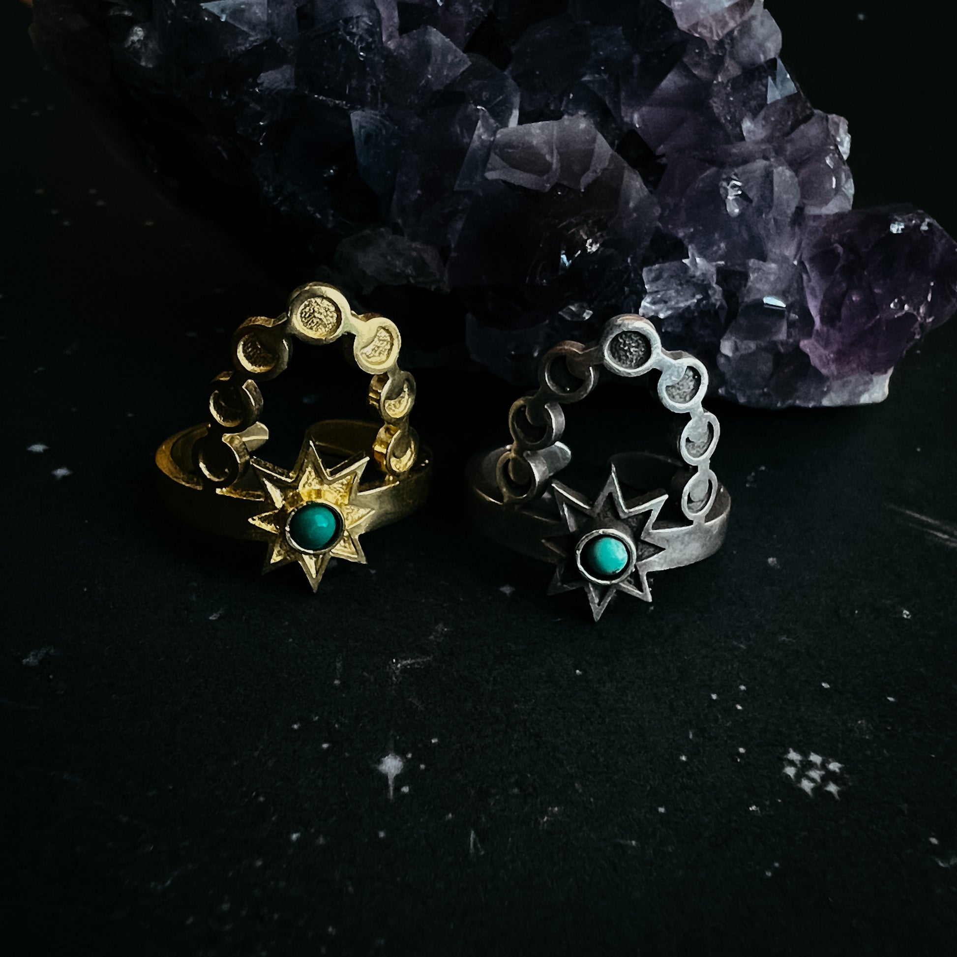 Cosmic Dance Ring with Turquoise, Moon Phases, and Sun Ring Yugen Handmade   