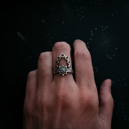 Cosmic Dance Ring with Turquoise, Moon Phases, and Sun Ring Yugen Handmade   