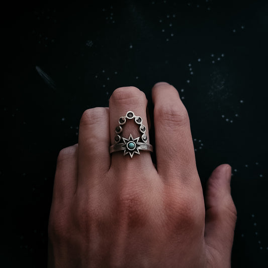 Cosmic Dance Ring with Turquoise, Moon Phases, and Sun Ring Yugen Handmade   