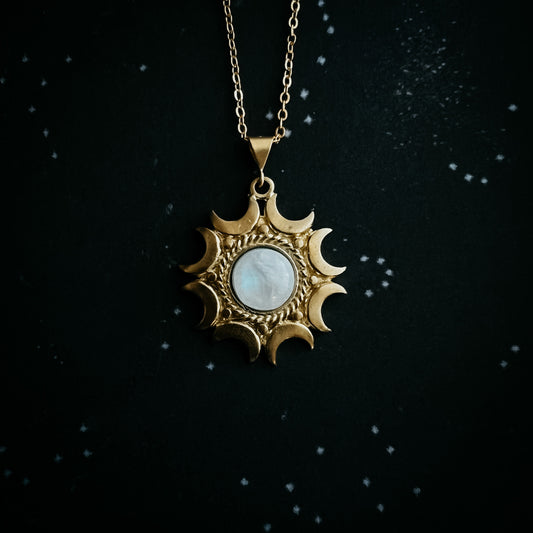 Lunar Witch Necklace - Rainbow Moonstone Pendant Necklace Yugen Handmade Gold Tone  