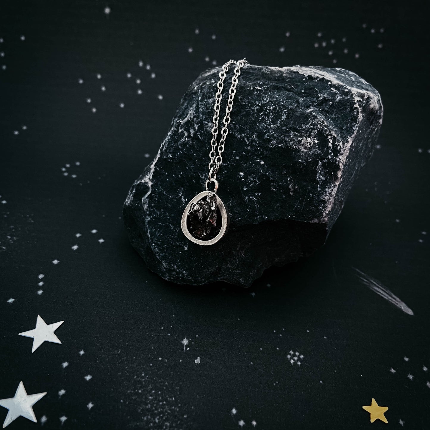 Small Teardrop Meteorite Pendant Necklace Yugen Handmade   