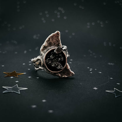 Crescent Moon Ring with Authentic Meteorite Ring Yugen Handmade   