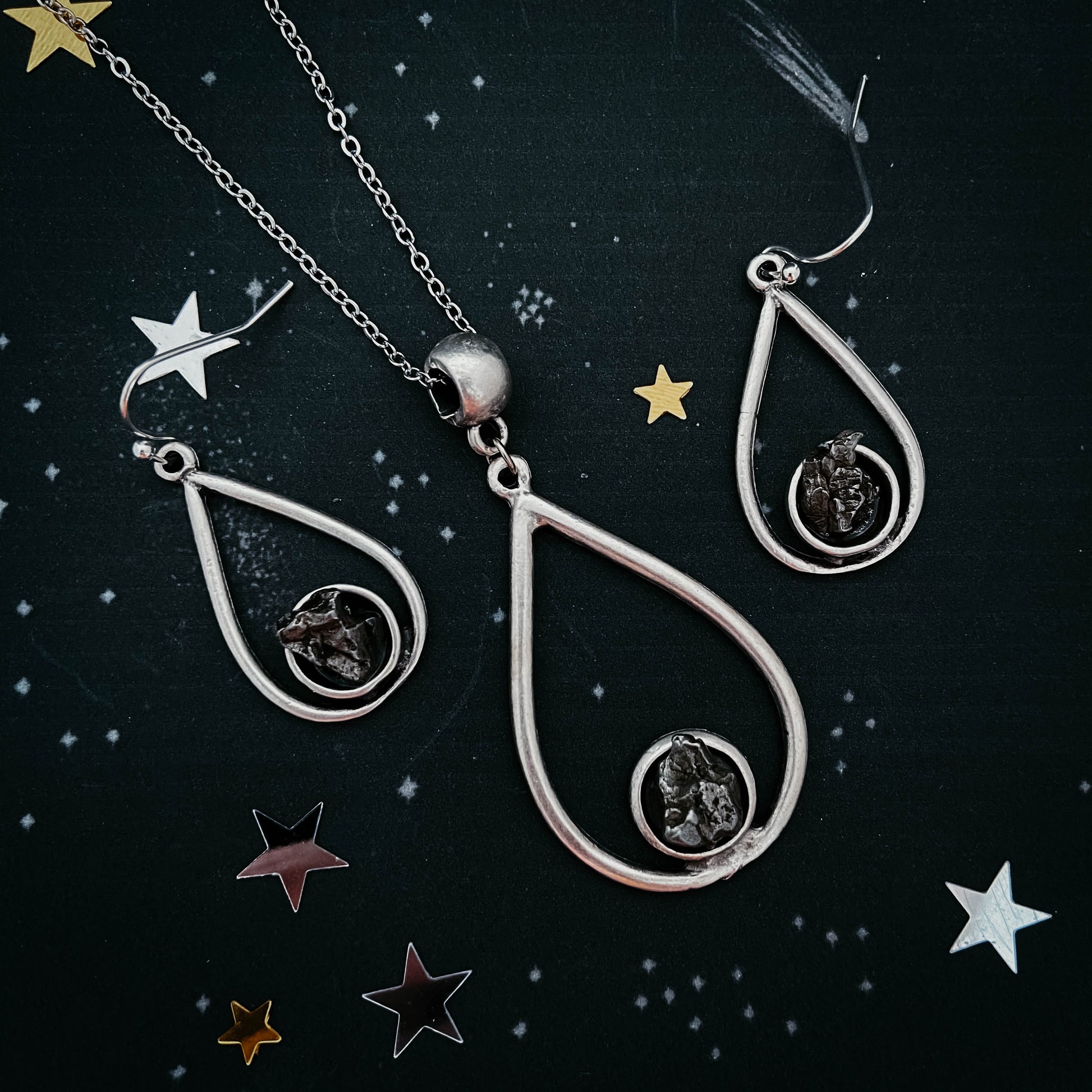 Meteorite Jewelry Set - Teardrop Necklace and Earrings Jewelry Set Yugen Handmade   