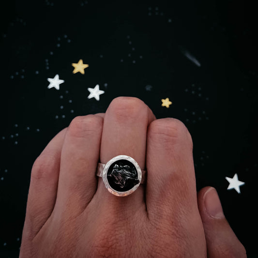 Chunky Round Raw Meteorite Ring in Silver Ring Yugen Handmade   