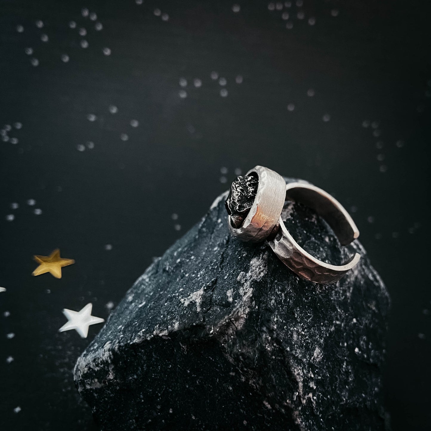 Chunky Round Raw Meteorite Ring in Silver Ring Yugen Handmade   