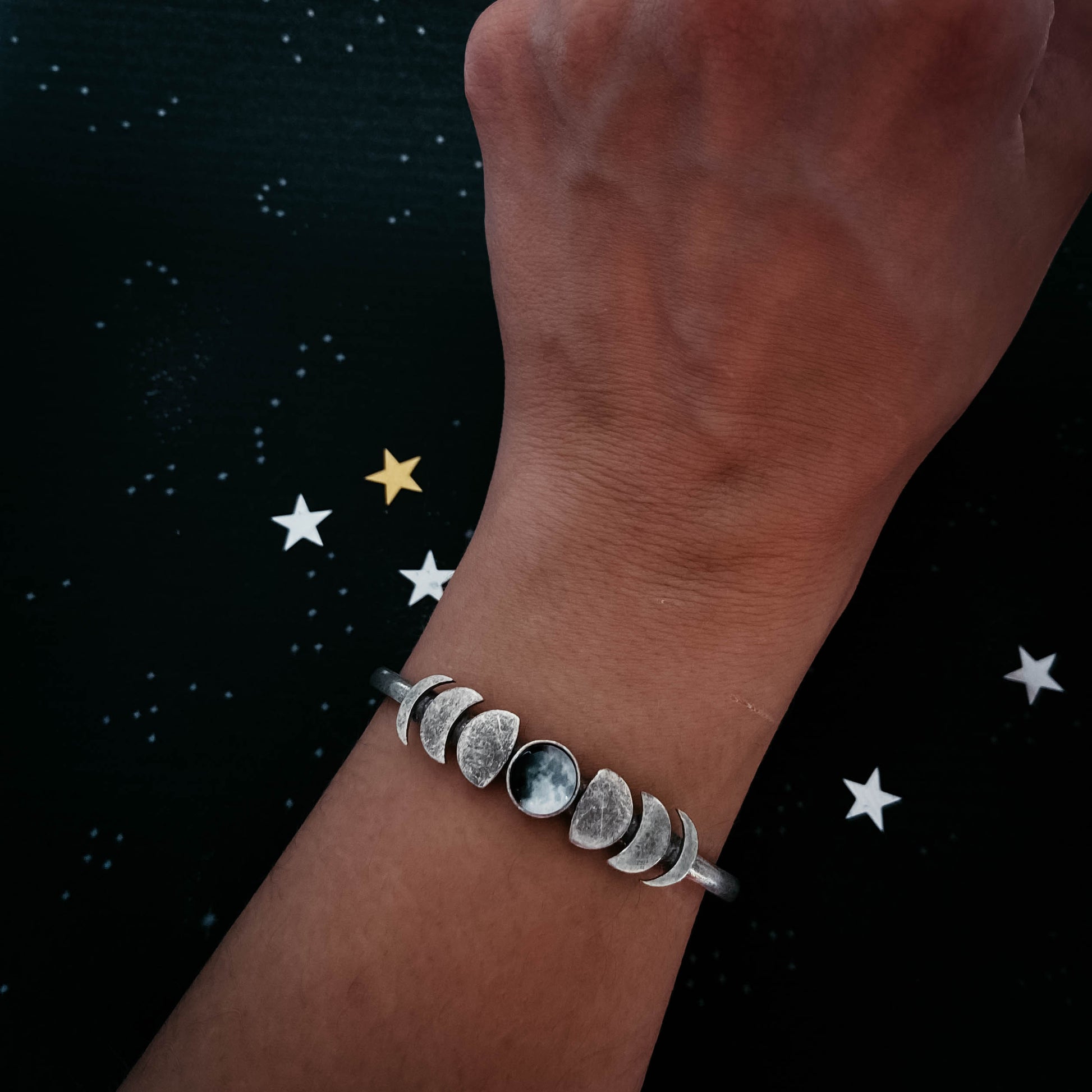 My Moon Cuff Bracelet with Lunar Phases - Gold or Silver Tone Bracelet Yugen Handmade   