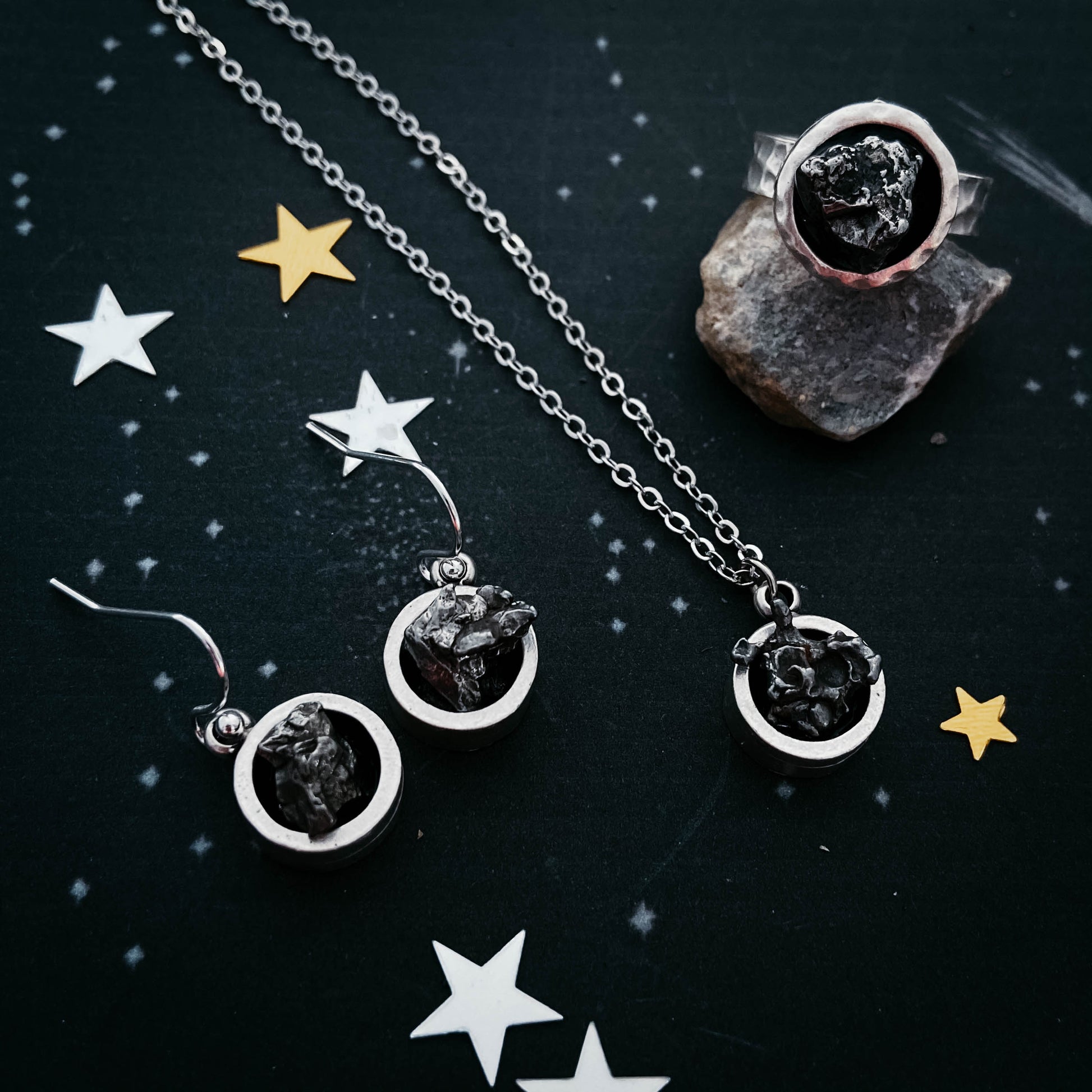 Chunky Round Authentic Meteorite Jewelry Set Jewelry Set Yugen Handmade   