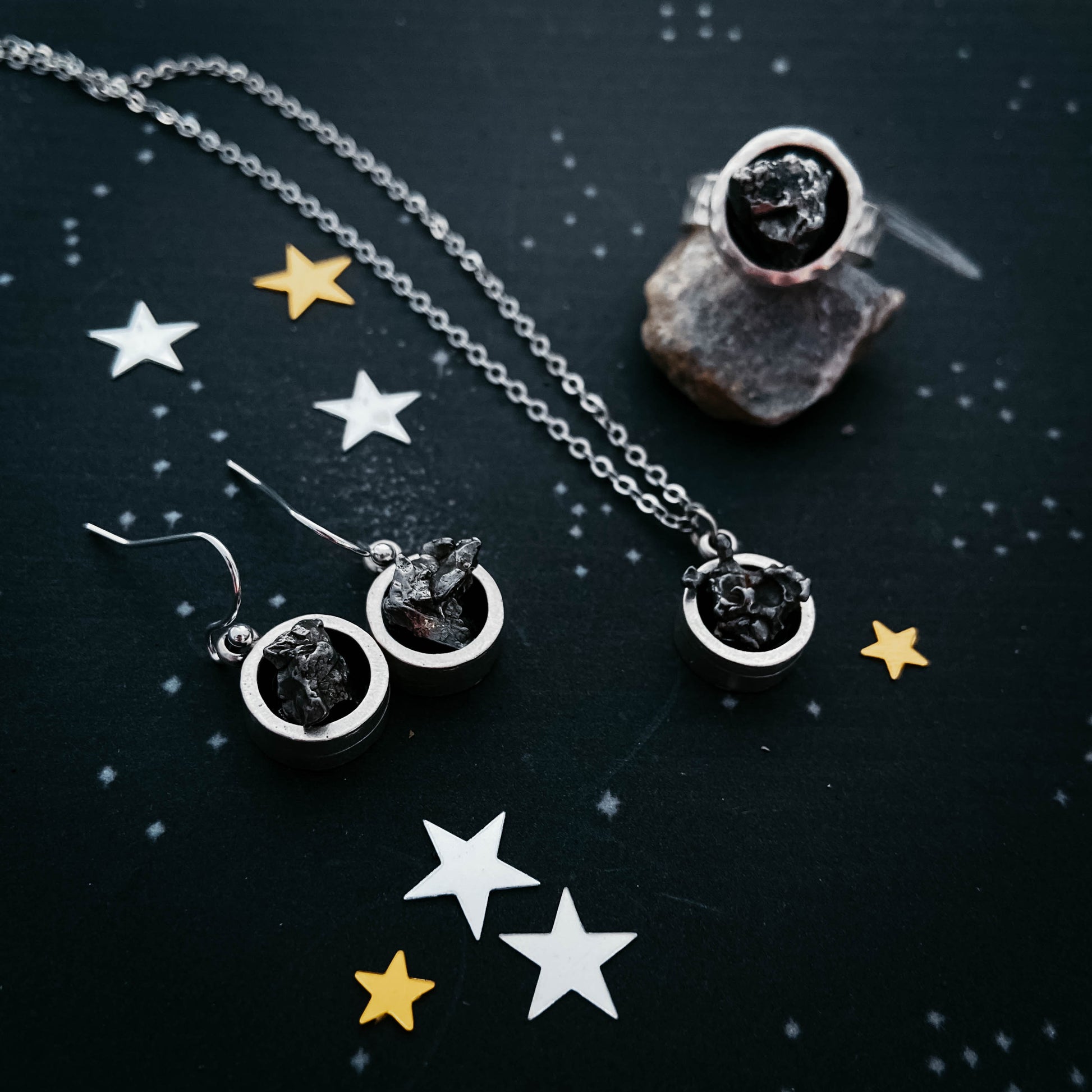 Chunky Round Authentic Meteorite Jewelry Set Jewelry Set Yugen Handmade   