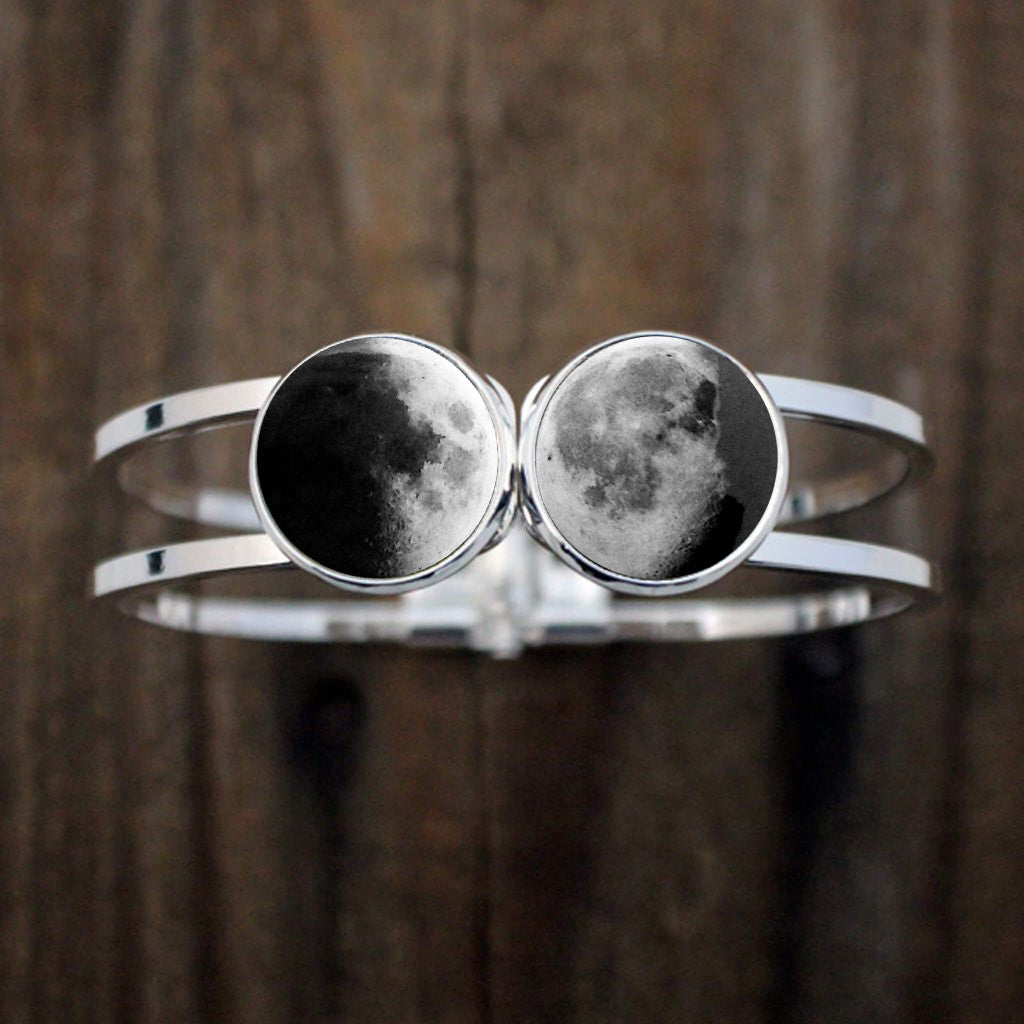 My Moon Hinged Cuff Bracelet - 2 Custom Moon Dates Bracelet Yugen Handmade Silver Tone  