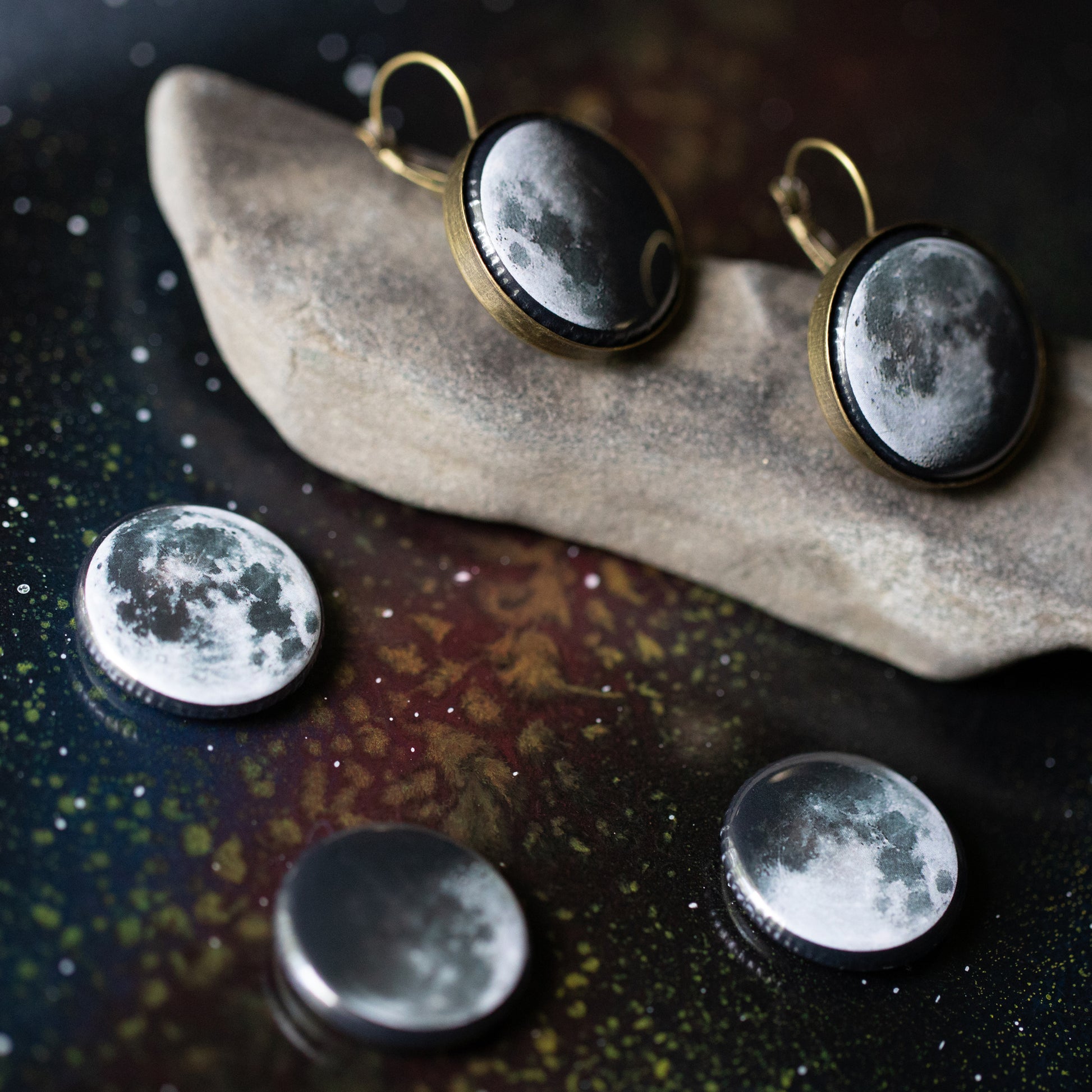 Interchangeable Moon Phase Earrings Earrings Yugen Handmade Antique Bronze Tone One Set of Images 