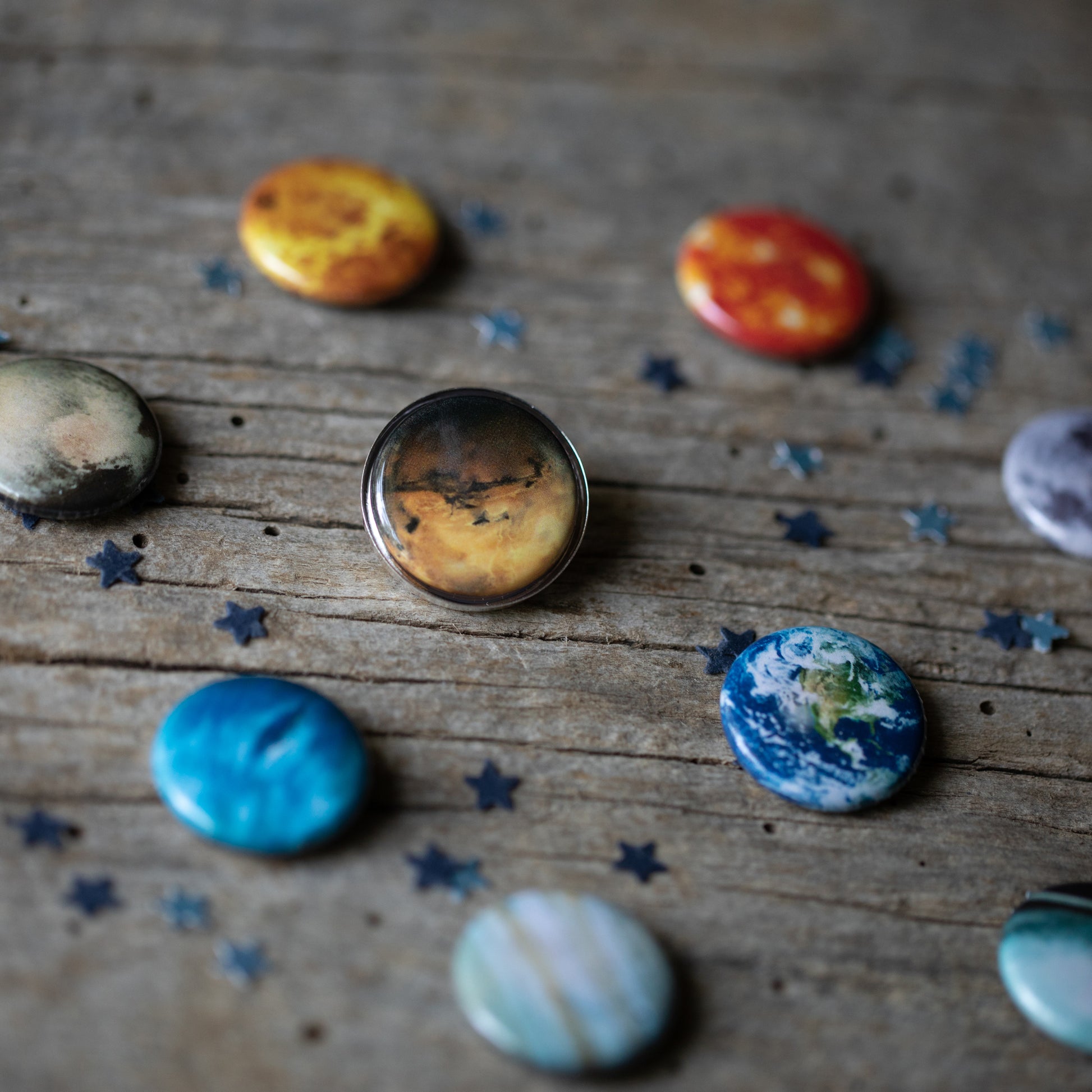 Interchangeable Solar System Lapel Pin Boutonniere / Pin Yugen Handmade Antique Bronze Tone No Pluto 