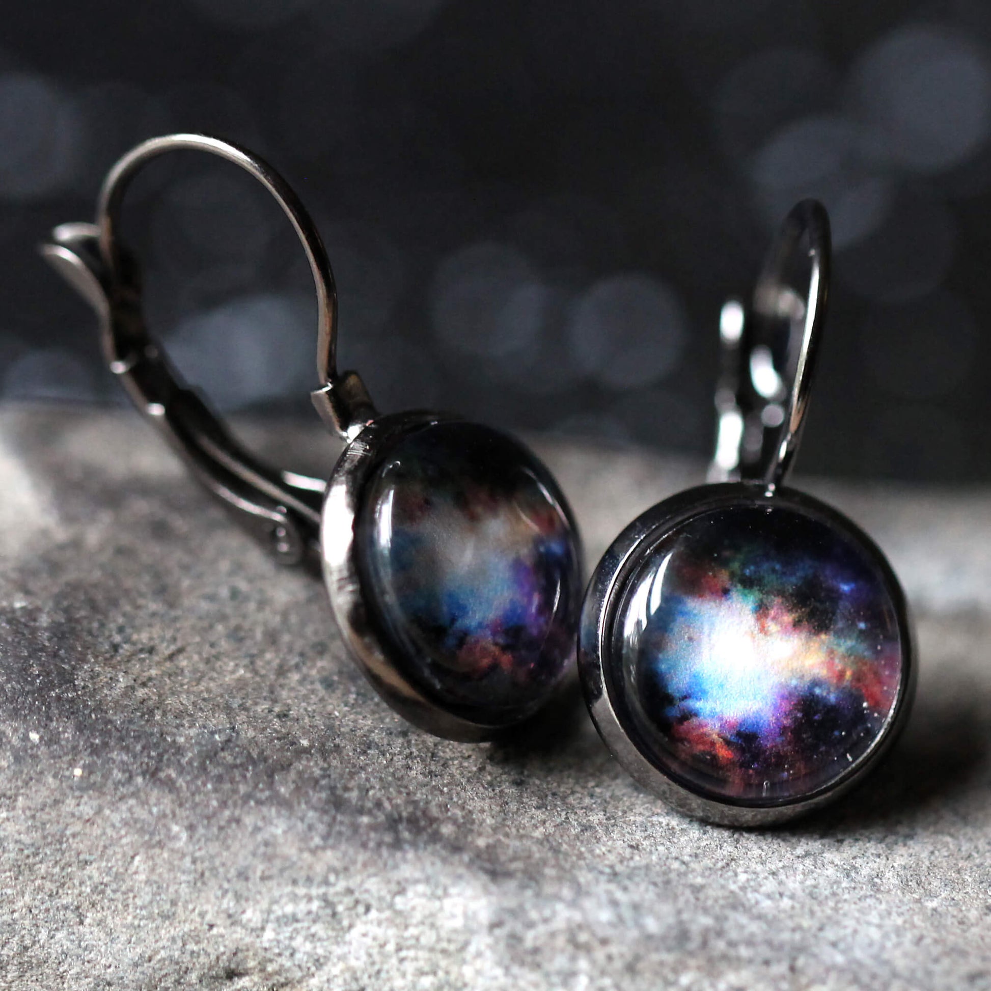 Galaxy Outer Space Earrings Earrings Yugen Handmade Lever-Back/Dangle Antique Silver Tone 