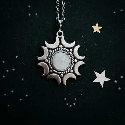 Lunar Witch Necklace - Rainbow Moonstone Pendant Necklace Yugen Handmade Silver Tone  