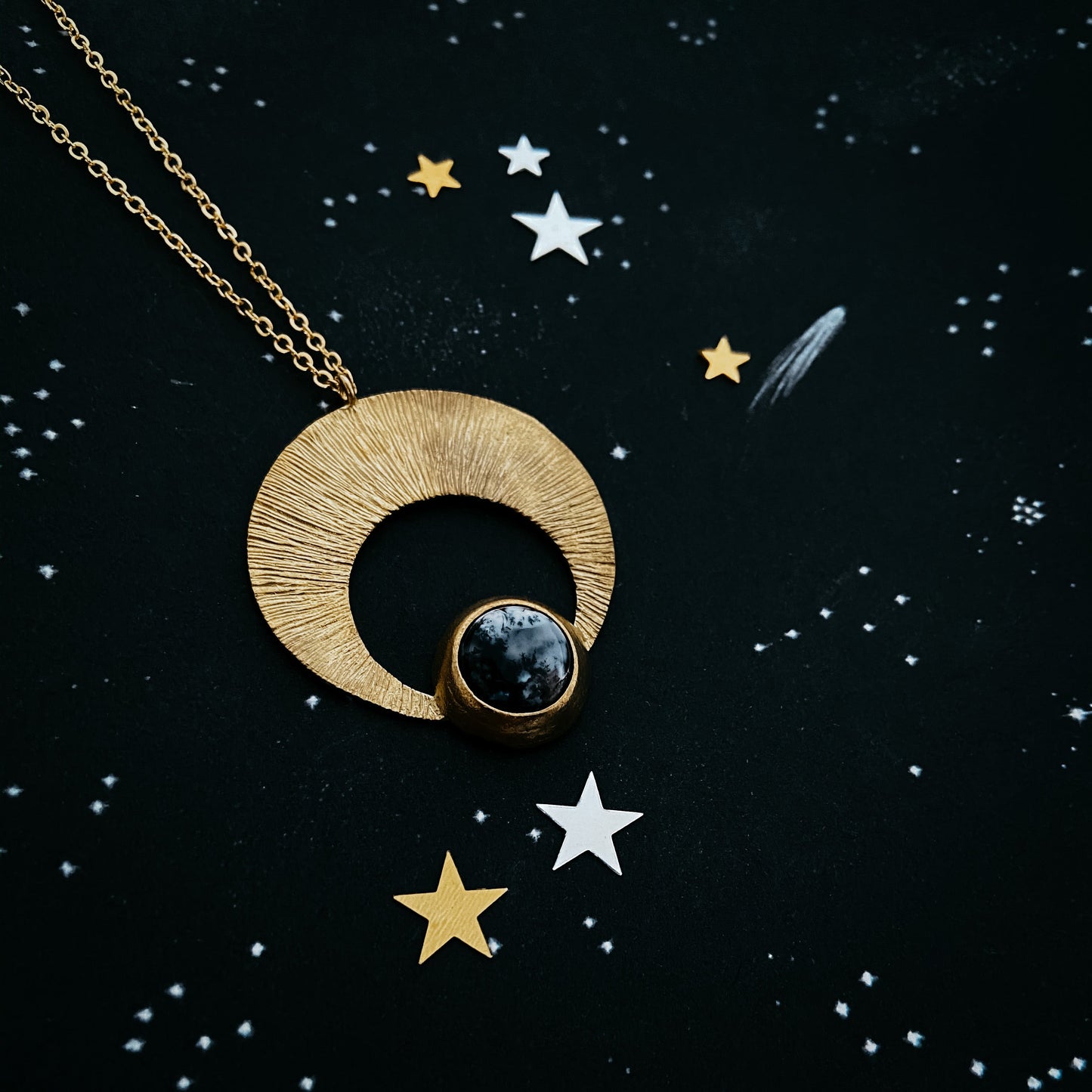 Crescent Moon Pendant with Dendritic Agate Necklace Yugen Handmade Gold  